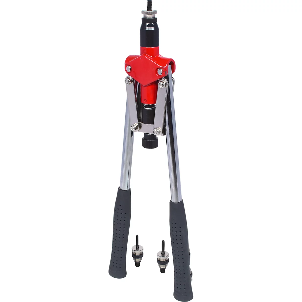 Nietzange mit rotem Kopf, silbernen Hebeln und schwarzen Griffen. Zwei Nietaufsätze liegen daneben.